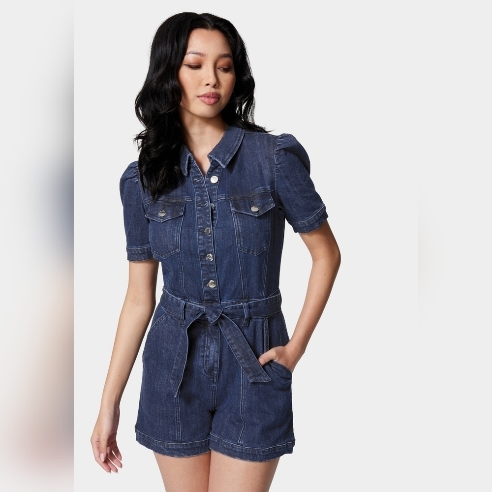 BEBE BUTTON FRONT SHORT SLEEVE DENIM ROMPER